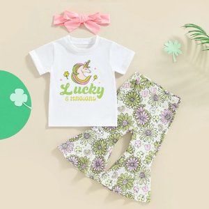 St Patrick's Day Unicorn Lucky & Magical Bell Bottoms Girls Outfit Set